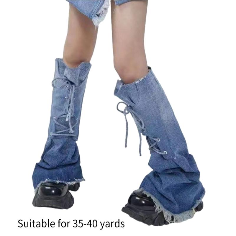 Women Cute Denims Leg Warmers Girls 80s Harajuku Punk Knee High Leg Socks Preppy Stockings Gothic Clothes Y2K Streetwear