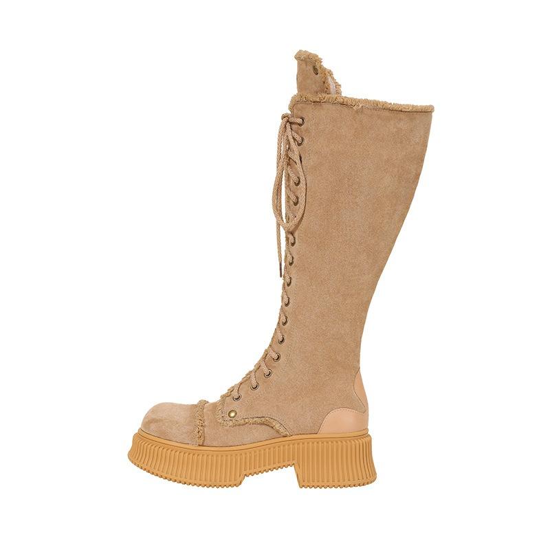 Vintage cross flower embroidery strap thick-soled high boots heightening knight boots women's heightening wheat suede boots