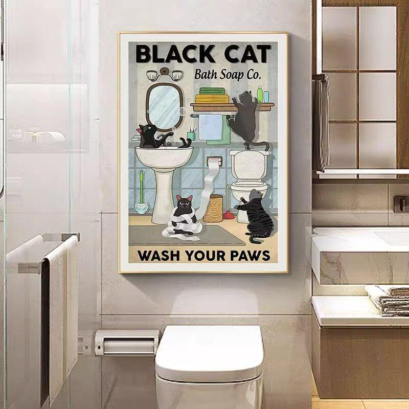 Retro Kitten Cartoon Canvas Painting Bathroom Toilet Poster Toilet Children's Room Decoration Painting for Modern Living Room Asian Style Home Decor