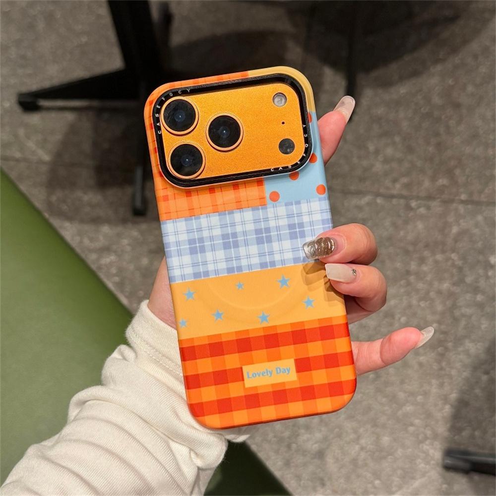 Korean Plaid Pattern Stripes Magnetic Phone Case For iPhone 17 Pro 16 15 14 Pro Max Cover with Cute Button Stand Hard Cases Fund