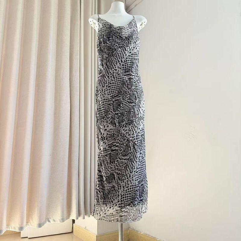 Out of Russia Foreign Trade Order Women Clothes Chiffon Python Pattern Swing Collar Sling Dress