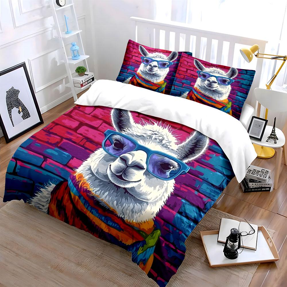 Colorful Llama Art Decor Set Bedding Set with 1 Duvet Cover 2 Pillowcases Single Double King Queen, Gift
