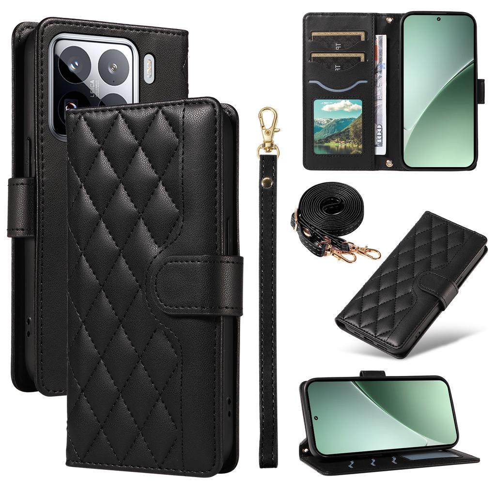 For Xiaomi 15 Pro Wallet Case Rhombus Leather Phone Cover with Shoulder Strap, Wrist Strap