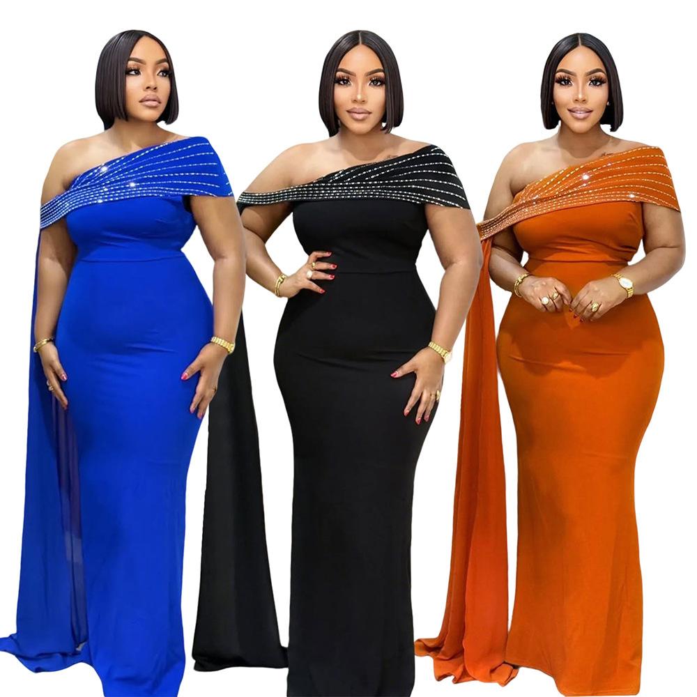 CY901991 European and American New Slanted Shoulder Dress Sexy Hip-wrapped Slim Dress Long Dress Women's Clothing