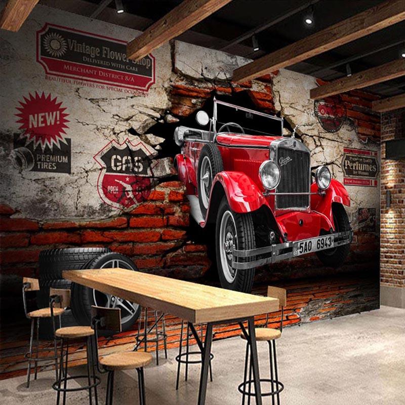 Retro 3d Tapet Rød Bil Veggmaleri Restaurant Kafé Bar Ktv Stue Bakgrunnsveggmaleri Dekorasjon