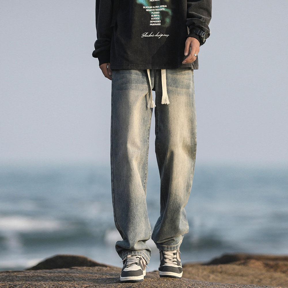 Men's Cotton Vintage cat whiskers Washing Denim Jeans Drawstring Baggy Wide leg Pants Streetwear Sweatpants Track Pants Trousers