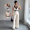 Women's Contrast V Neck Shirt Two-Piece Set, Apricot, Fitted Silhouette