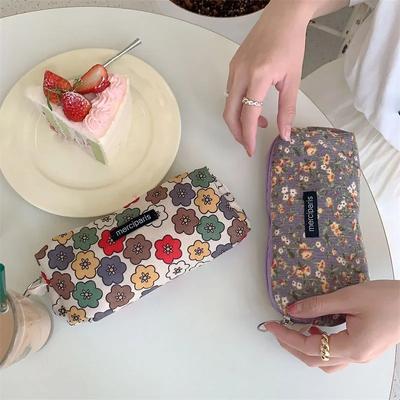 Women Corduroy Retro Colored Flower Cosmetic Bags Makeup Brushes Lipstick Organizer Storage Bags Student Pencil Case Pouch