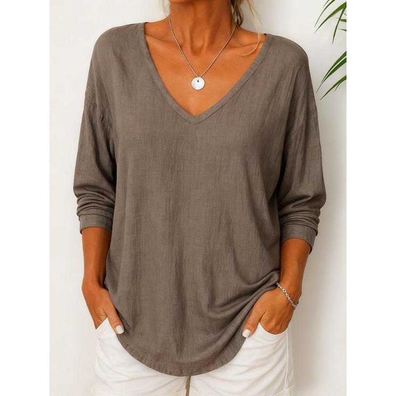 Frühling Herbst Vintage V-Ausschnitt Einfach All-Match Pullover T-Shirt Damen Langarm Locker Lässig Mode T-Shirt Top