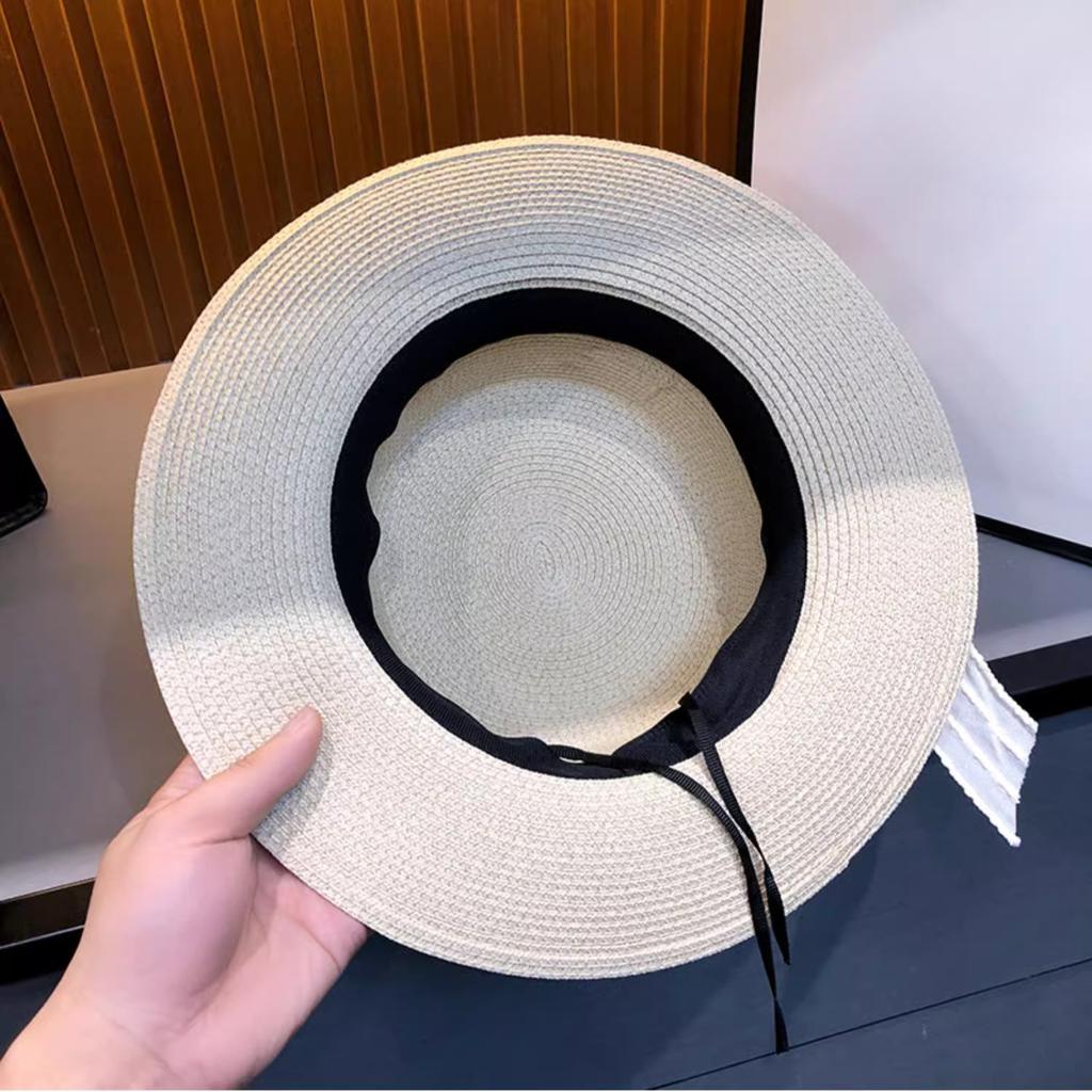 Women's Summer Straw Hat with Ribbon, Wide Brim Sun Protection Beach Cap, Elegant Flat Top Fisherman Hat for Outdoor Use