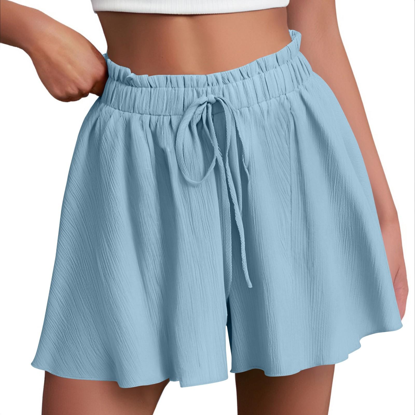 

Пляжные шорты с широкими штанинами, женские, с высокой талией, льняные, летние, повседневные, со шнурком, легкие, удобные, одежда для отдыха XL небесно-голубой