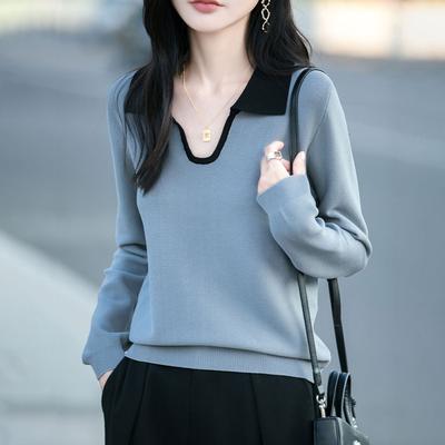 New Spring Autumn Style Contrast Color Lapel Knit Women's Sweater - Casual Fashion Elegant High-End Base Layer Top