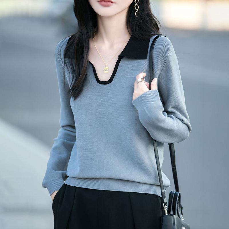 

Новый весенне-осенний стиль, контрастный цвет, лацкан, вязаный женский свитер - Повседневная мода, элегантный, высококачественный базовый топ S серый