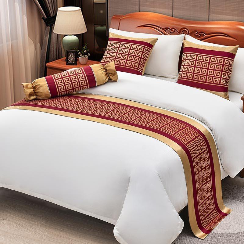 High-grade Embroidery Bed Runners Golden Red Bed Flag Covers Pillowcases Bedding Home Hotel Decor New Chinese Satin Throw Runner