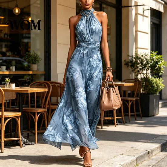 Light Fabric Dress Floral Chiffon for Women, Halter Sleeveless Ruched Maxi Casual Loose Fit Dress, Turtle Neck Wedding Guest Cocktail Evening