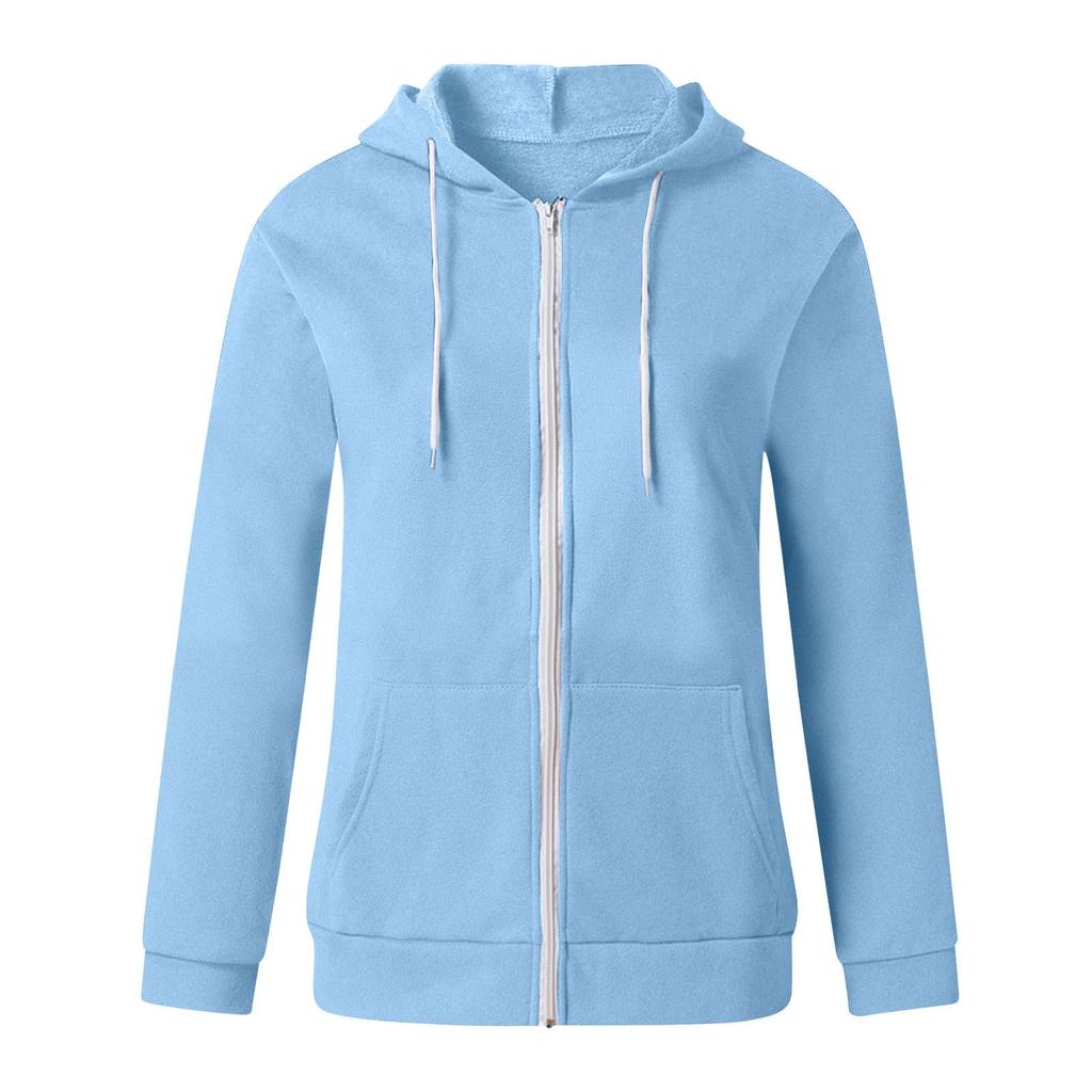 2021 Cross-Border Autumn/Winter Solid Color Hooded Zip-Up Sweatshirt with Drawstring and Pockets
