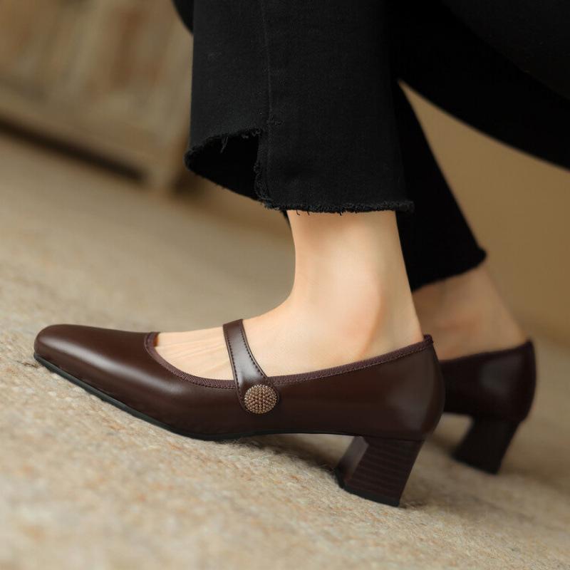 New Casual Beef Tendon Soft Sole Comfortable Women's Single Shoes Wear In All Seasons Women's Shoes Medium Heel Black Square Heel Small Leather Shoes