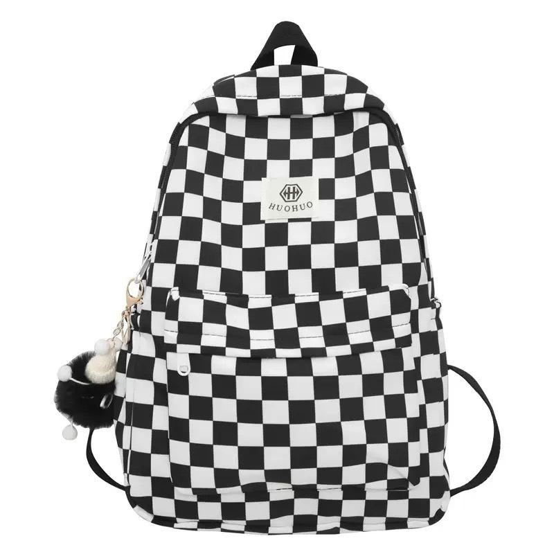 

Шахматный узор Девочки Рюкзак Мальчики Передний органайзер Сумка для хранения ноутбука Школа чёрный