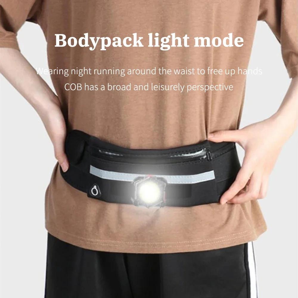 3 IN 1 Multifunctional COB Headlamp USB Rechargeable Wrist Light Outdoor Night Running Waist Bag Light Portable Fishing Belt Pack Light