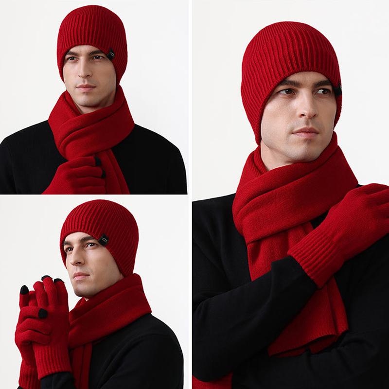 Thick Velvet Warm Windproof Three-Piece Set Big Head Circumference Knitted Hat Long Scarf Touch Screen Gloves