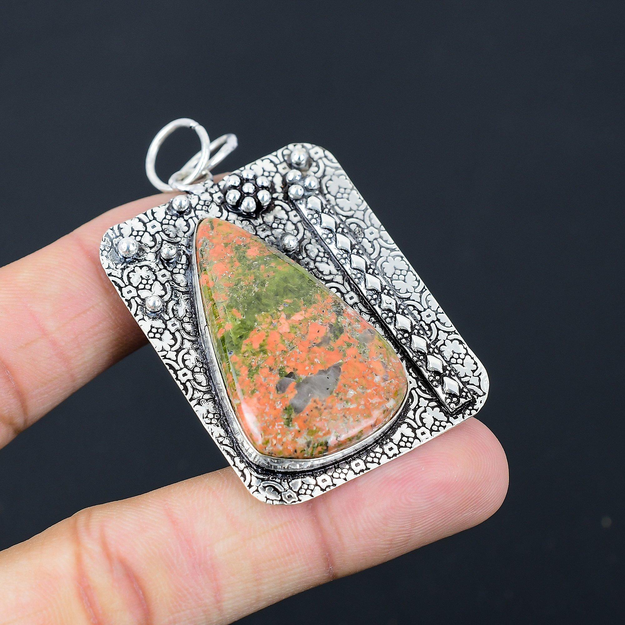Natural Unakite Gemstone Pendant Red Handmade 925 Sterling Silver Indian Jewelry
