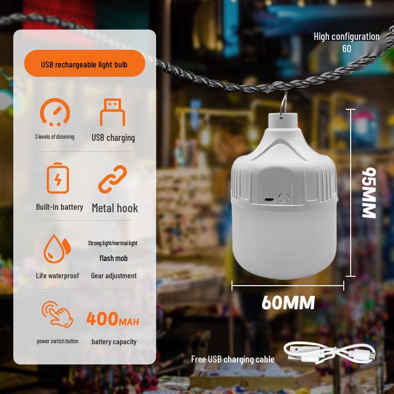 LED Emergency Light Bulb - Outdoor USB Rechargeable for Camping, Street Stalls, and Night Markets