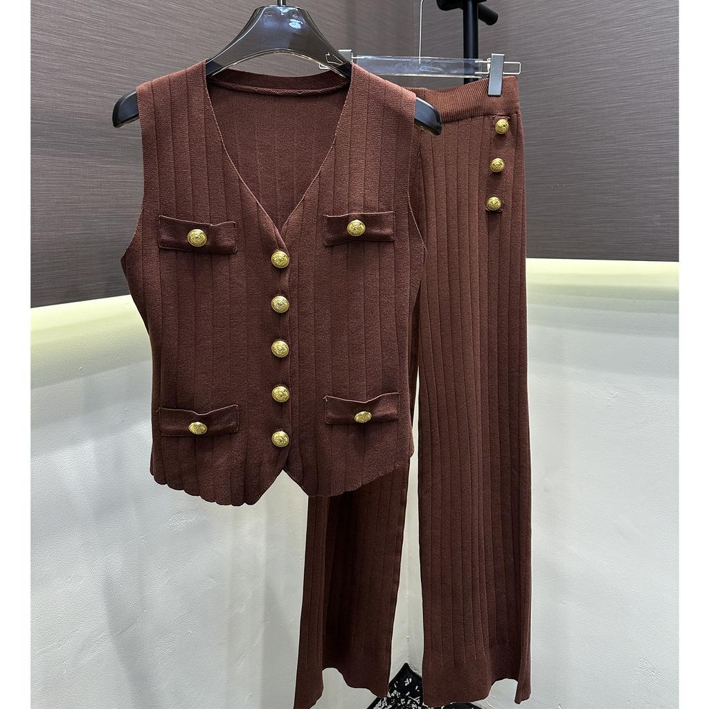 Casual Knitted Sweater Two Piece Sets for Women Metal-button V-neck Sleeveless Fitted Versatile Knit Top and Casual Pants Set