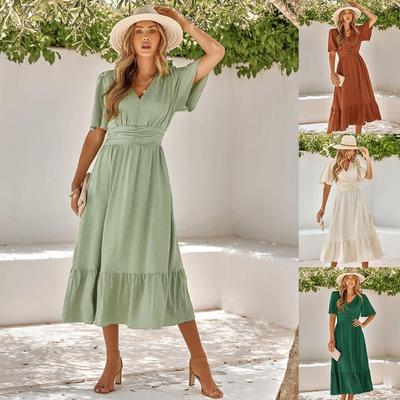 Women Spring Solid Color V-Neck Short Lotus Leaf Sleeve Dress Summer Casual A-Line High Waist Long Dresses S-XL