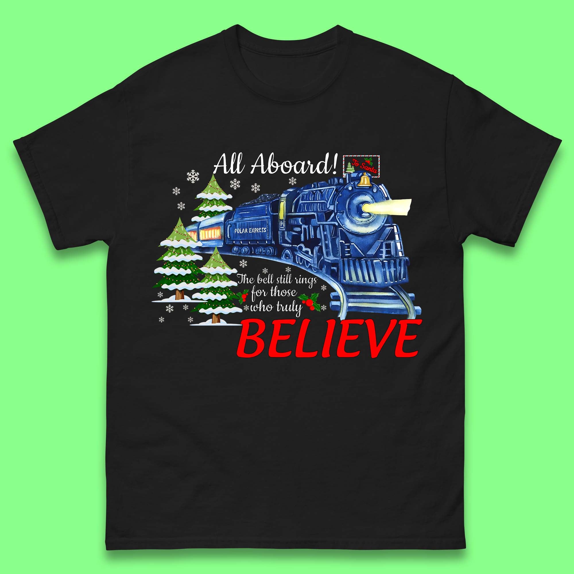 All Abroad Believe Christmas Train Mens T-Shirt Womens Tops Tees L