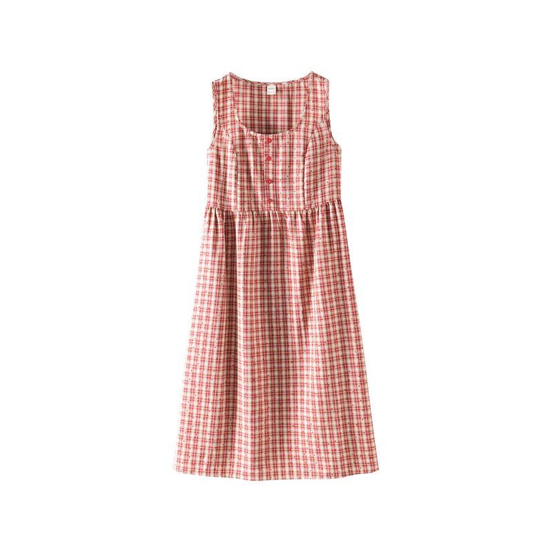 Plus size women clothing [Scotland Island] Chubby Girl Summer Holiday Style Plaid High Waist Meat Covering Loose Vest Dress