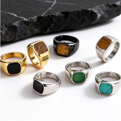 Stylish Square Natural Stone Ring for Men,Waterproof Stainless Steel Signet Ring,Birthday Party Gift for Him Dad