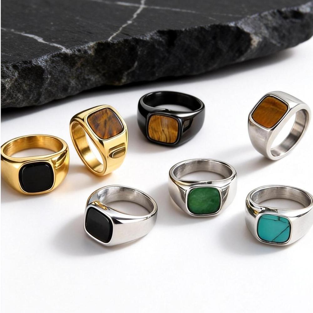 Stylish Square Natural Stone Ring for Men,Waterproof Stainless Steel Signet Ring,Birthday Party Gift for Him Dad
