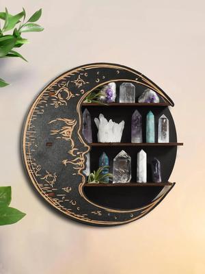 Holzregal Mondgesicht Ausstellungsständer Schweberegal Wanddeko Wandregal Boho Heimdekoration Kristallhalter Wandorganisator