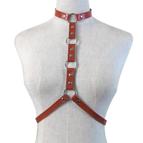 Adjustable Faux Leather Halterneck Choker Ring Waist Belt Body Chain Harness