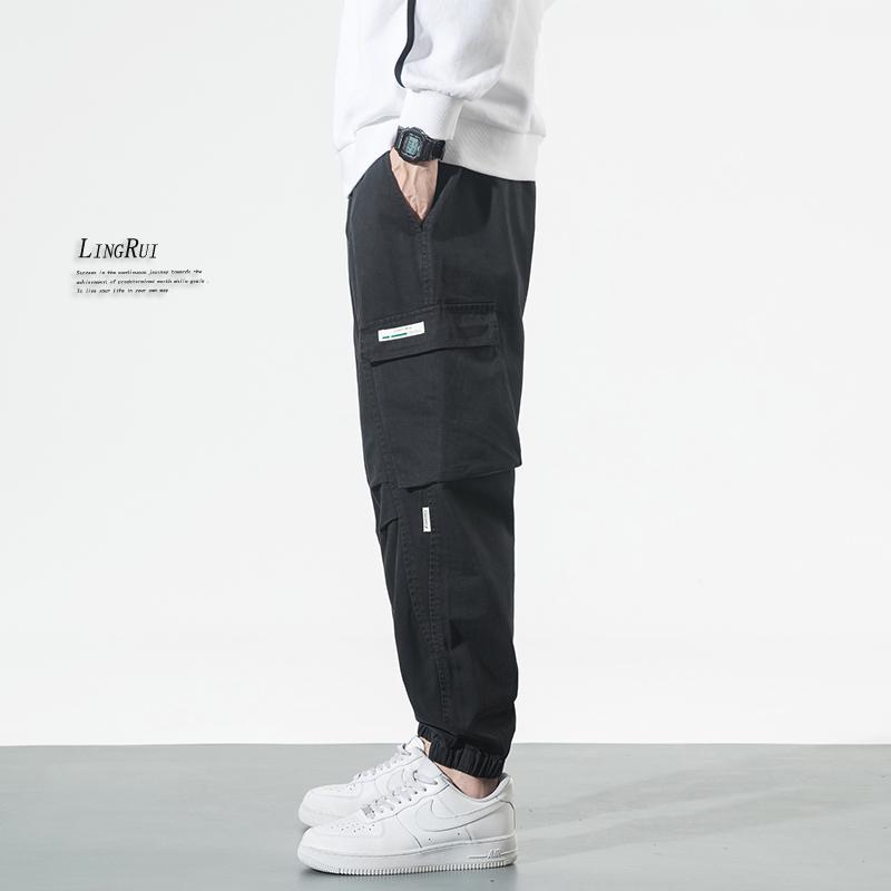 Lingrui Japanese Men's Loose Fit Trendy Wide-Leg Elastic Waist Multi-Pocket Overalls