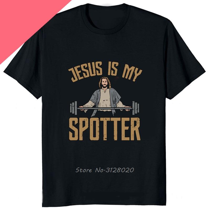 Lustiges Jesus Ist Mein Spotter Aufgedrucktes Grafik-Baumwoll-Herren-T-Shirt Humor Gewichtheben GYM T-Shirt Lässige Mode Streetwear Herren-T-Shirts