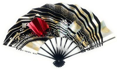 Asakusa Kimono Market: Dance Fan, Black with Flowing Lines and Cut Leaf, Black Lacquer, 9.5 Inches [Made In Japan], Kyoto Style, Fan, Practice, Stage