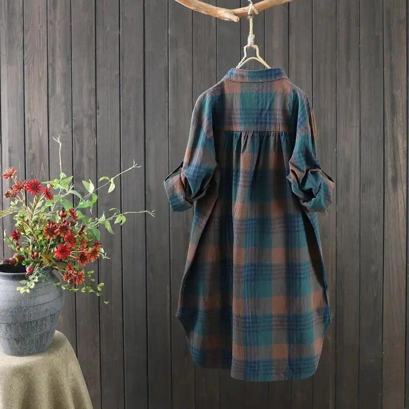 Cămașă în carouri lungă medie, pentru femei, din bumbac, haine de in, cămăși pentru femei, haină vintage, ocazională, bluză lejeră, mai mari, topuri, haine pentru femei