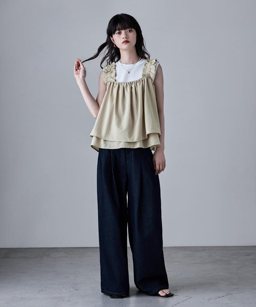 Etoll Gathered Bustier Flared Tank Size F Linen-Touch Top, Cami, Sleeveless, Top, Layered, Ivory,