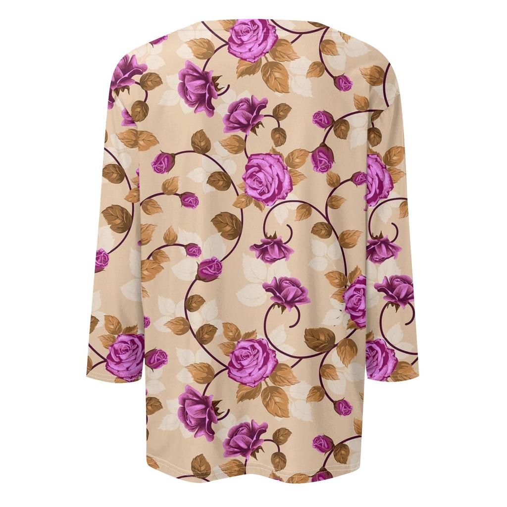 Women's Fashion Casual Round Neck Three Quarter Sleeve  Printed T-Shirt Top