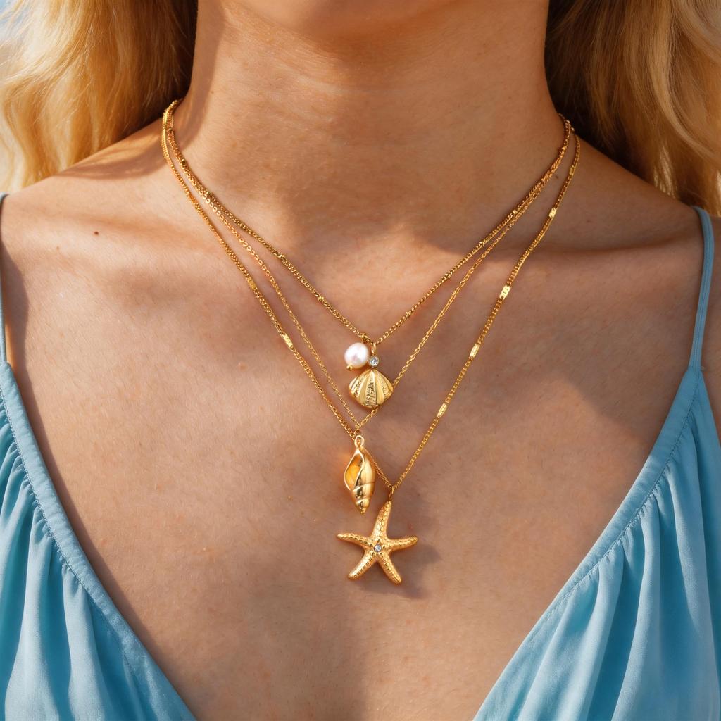 Ocean Pendant Necklace, Waterproof 18K Gold Plated Stainless Steel Non Tarnish, Trendy Boho Layered Marine Beach Jewelry