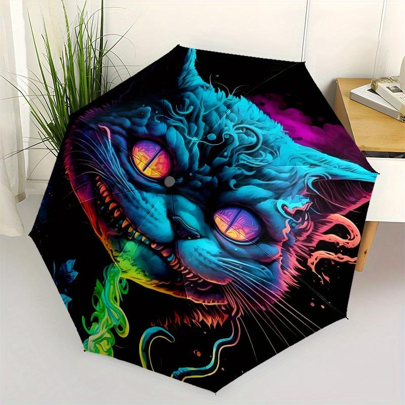 1pc Psychedelic Cat Automatic Open/Close Umbrella - Compact Travel Umbrella, 8-Rib Heavy-Duty Construction, Ideal Gift, 28056