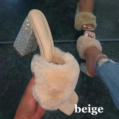 Summer Women Fashion High-Heeled Sandals Women's Square Rhinestone Slippers Ladies Fur Sandals Open Toe Party Shoes Large Size