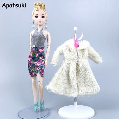 Lady Clothes Set for Barbie Doll Outfits Floral Slim Dress & Beige Fur Coat Parka For 1/6 Doll Accessories Toys For Children