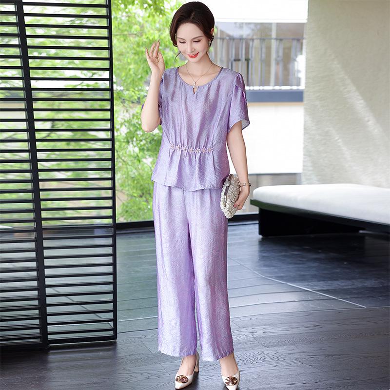 

2026 Summer Casual Set: Wide-Leg Pants & Short-Sleeve T-Shirt for Middle-Aged and Elderly Women 4XL [150-165 lbs]