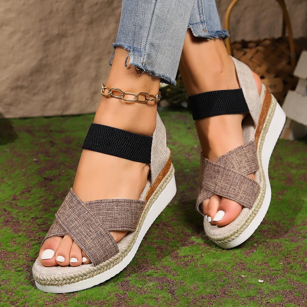 

Жіночі літні босоніжки на великій танкетці, новинка 2024 року, еластичні босоніжки на платформі з відкритим носком. 43 верблюд