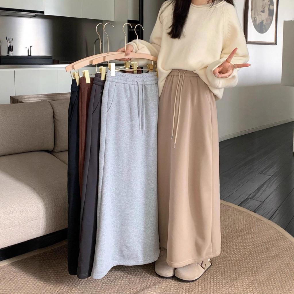 Korean Fluffy High Waist A-Line Skirt: Autumn/Winter Women's Casual Fashion with Drawstring Elastic Waist and Slit