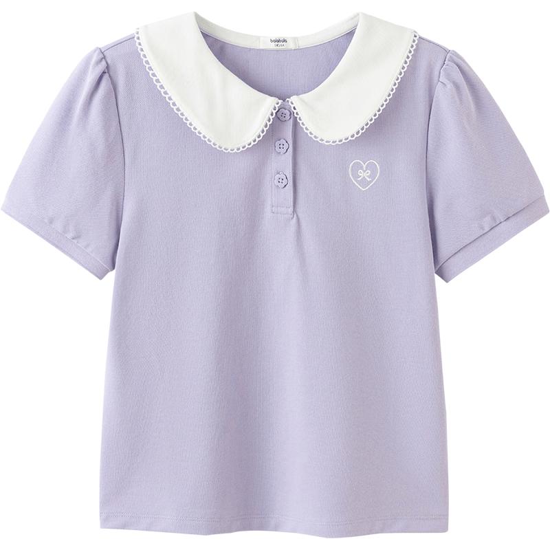 Balabala Girls' 2026 Summer Doll Collar Short Sleeve T-Shirt