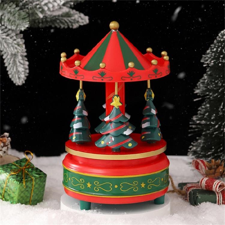 Artistic Christmas Tree Themed Rotating Music Box Wood Hand Cranked Musical Ornament For Holiday Seasonal Atmospheres