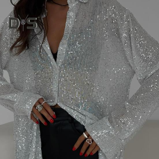 Chemisier boutonné à paillettes pour femme, manches longues, revers brillant, coupe ample et décontractée, idéal pour le travail, les loisirs et le quotidien